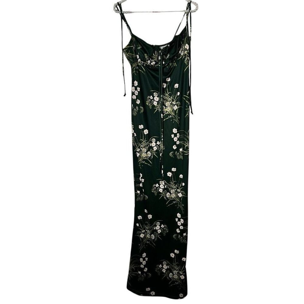 Viral Emerald Green White Floral Mermaid maxi bodycon dress bow strap L Hawaiian - Picture 3 of 3